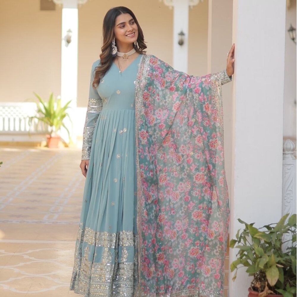 [NEW] Women's Indya Sky Blue Embroidered Anarkali Gown